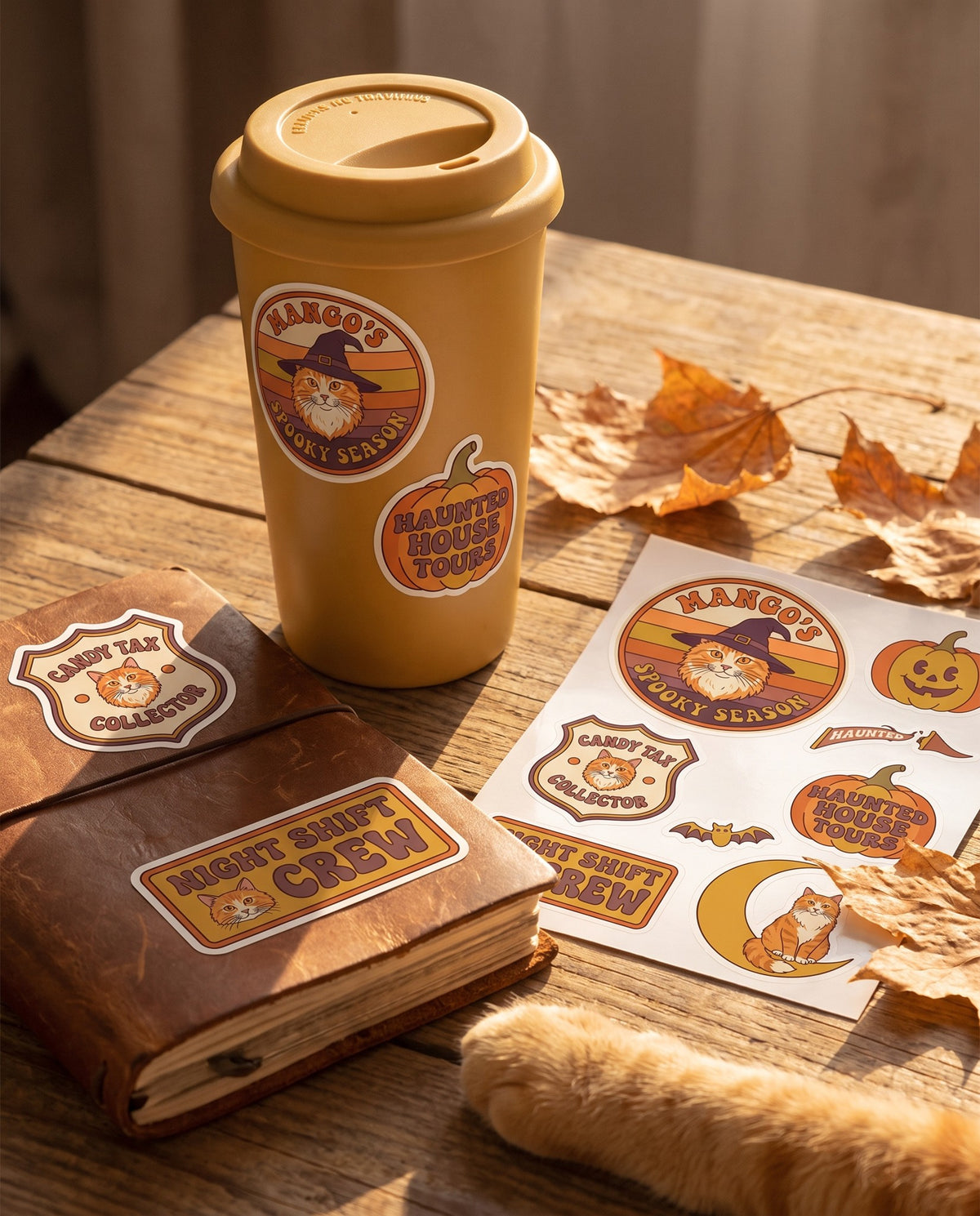 Seventies Club Badges personalized cat sticker sheet on a desk