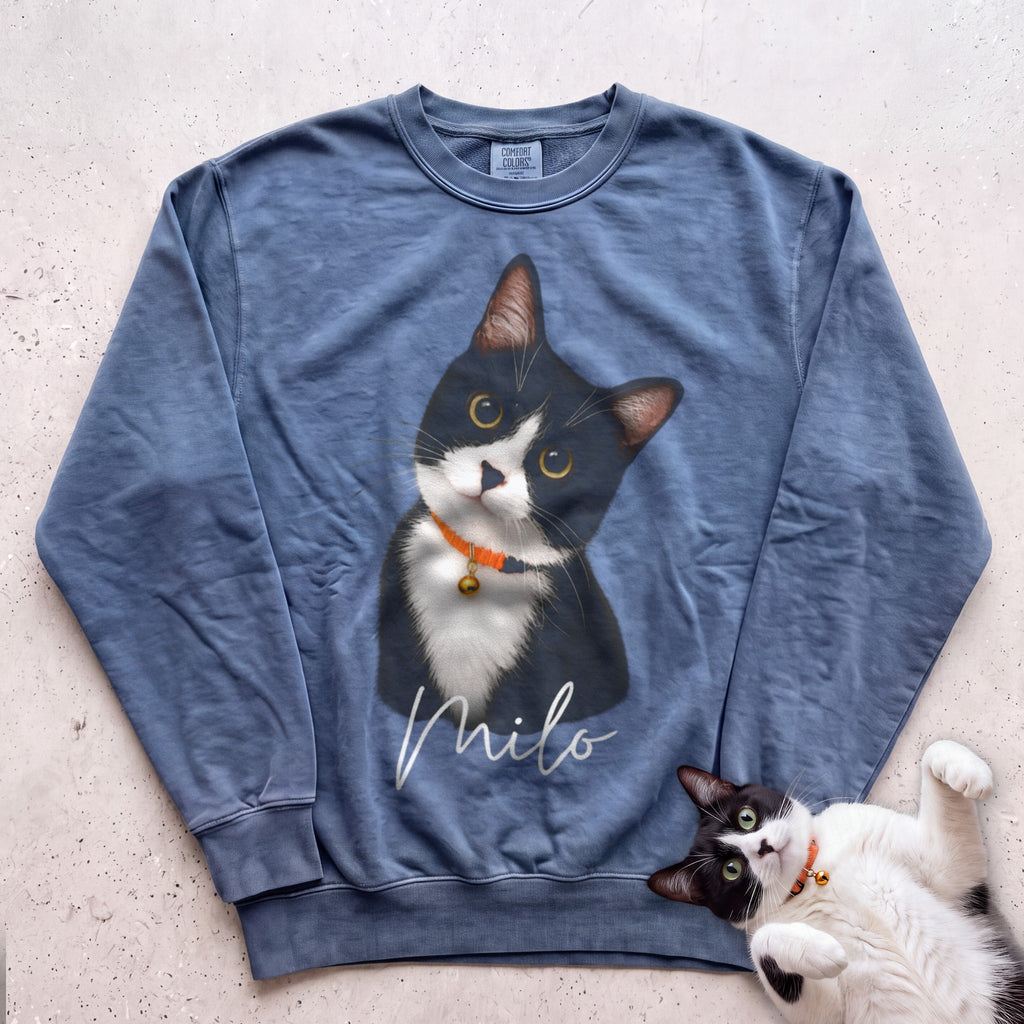 Personalized Cat Sweatshirt — Cat Custom Illustration Sweatshirt - Blue Jean