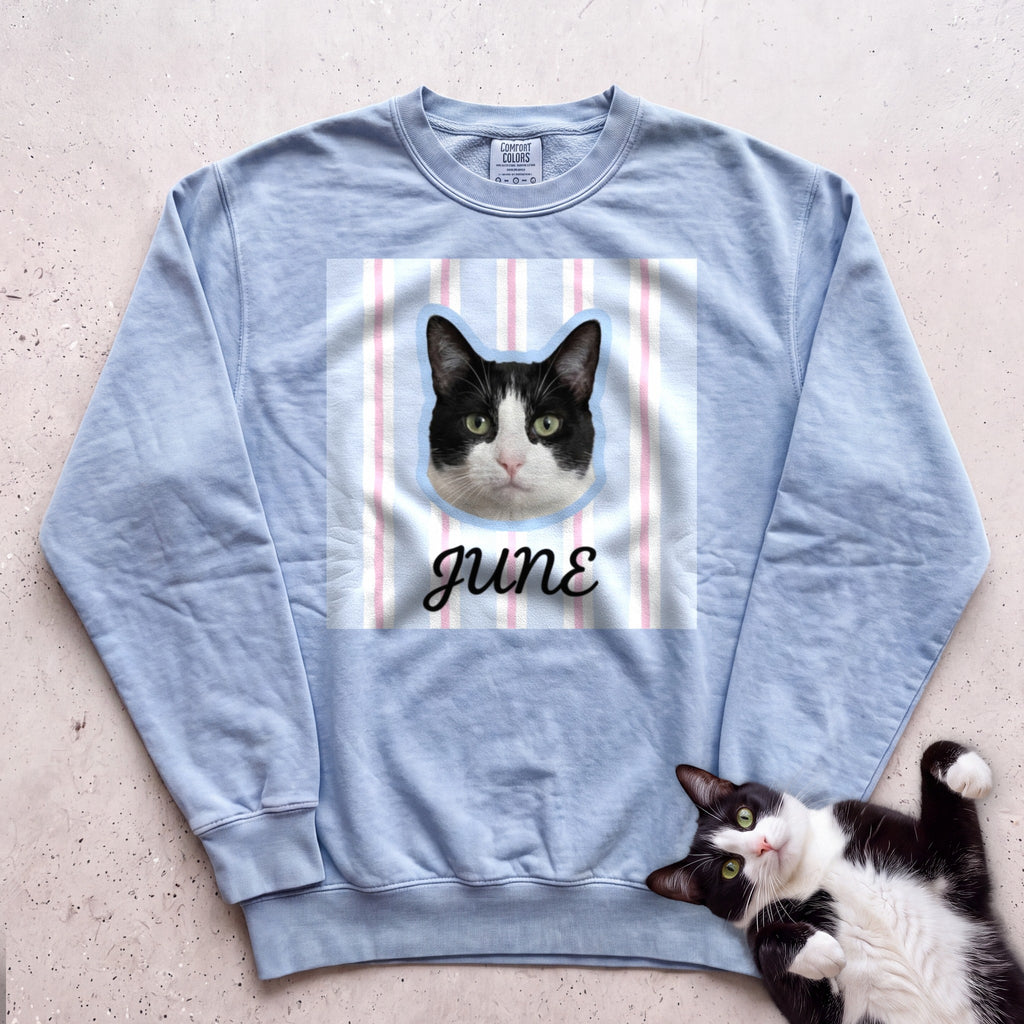 Personalized Cat Sweatshirt — Custom Pet Portrait Name, Cute Black & White Cat Design - Chambray
