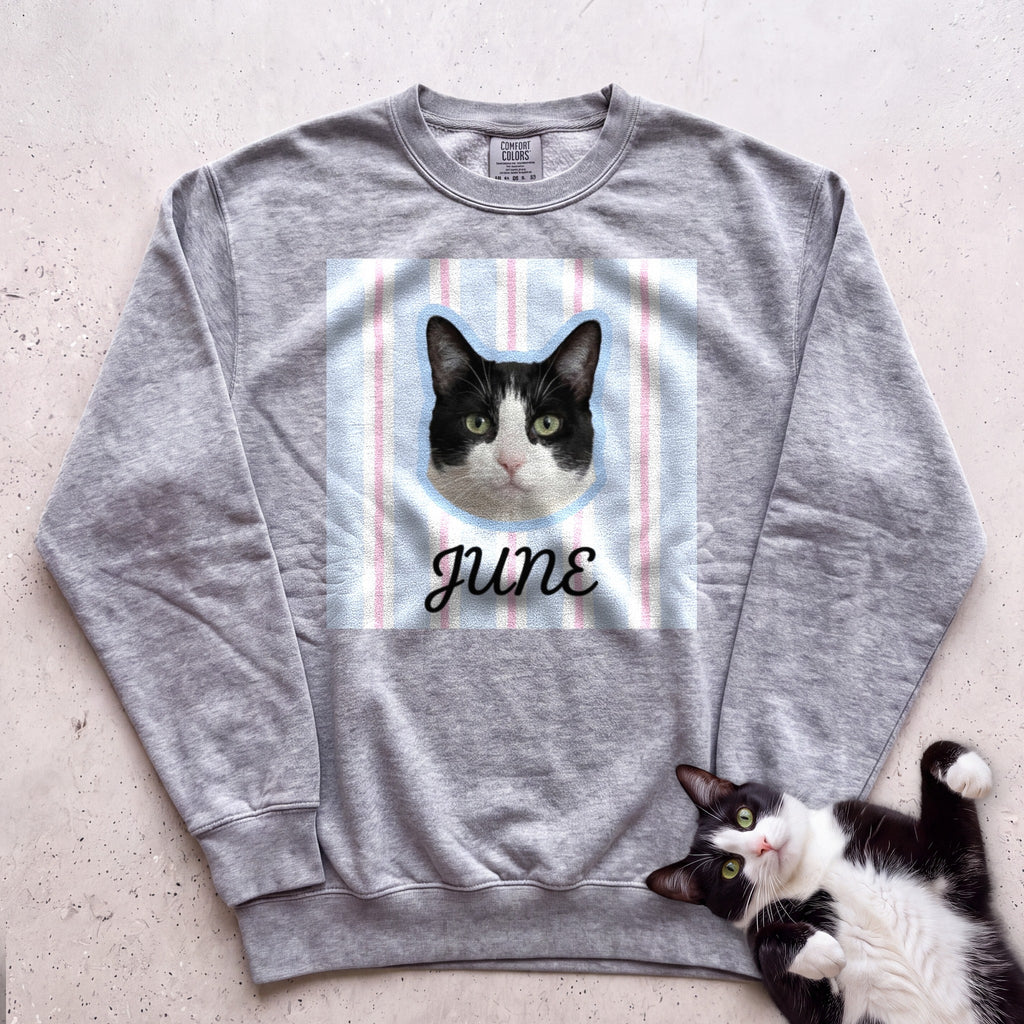 Personalized Cat Sweatshirt — Custom Pet Portrait Name, Cute Black & White Cat Design - Grey