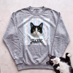 Personalized Cat Sweatshirt — Custom Pet Portrait Name, Cute Black & White Cat Design - Grey