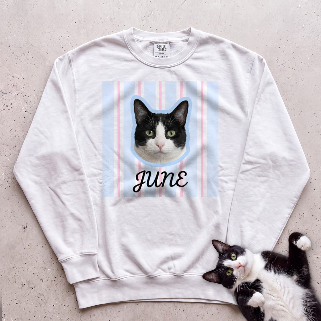 Personalized Cat Sweatshirt — Custom Pet Portrait Name, Cute Black & White Cat Design - White