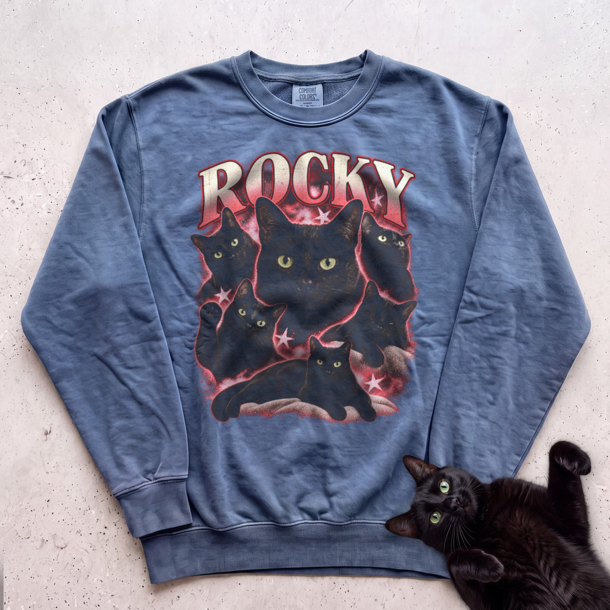 Personalized Cat Sweatshirt with Name — Retro Pet Custom Sweatshirt - Blue Jean
