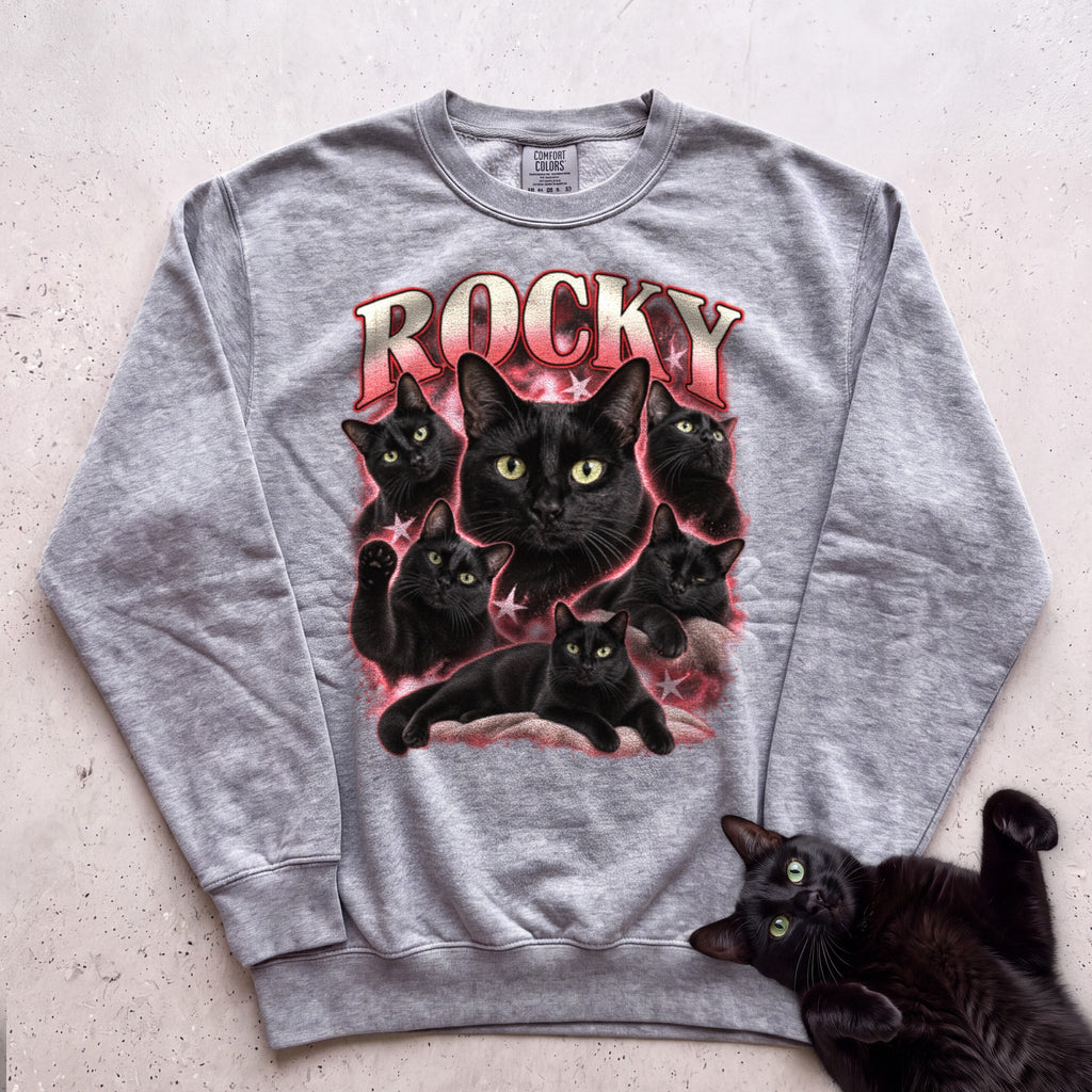 Personalized Cat Sweatshirt with Name — Retro Pet Custom Sweatshirt - Grey