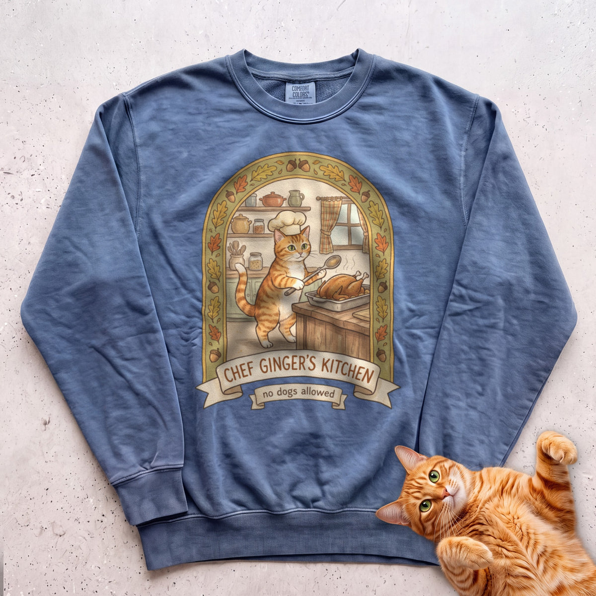 Personalized Chef's Kitchen Cat Sweatshirt - Blue Jean