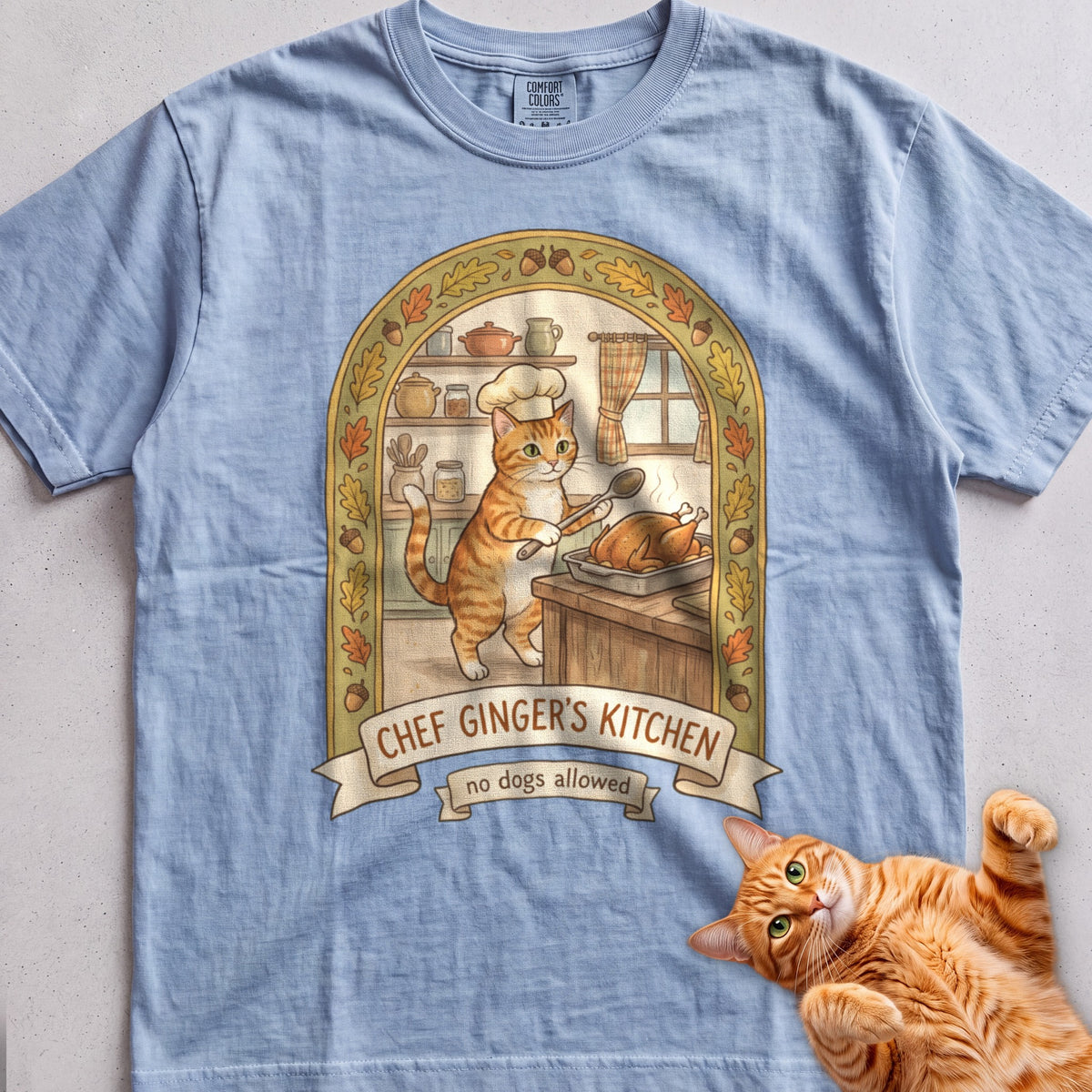Personalized Chef's Kitchen Cat T-Shirt - Chambray