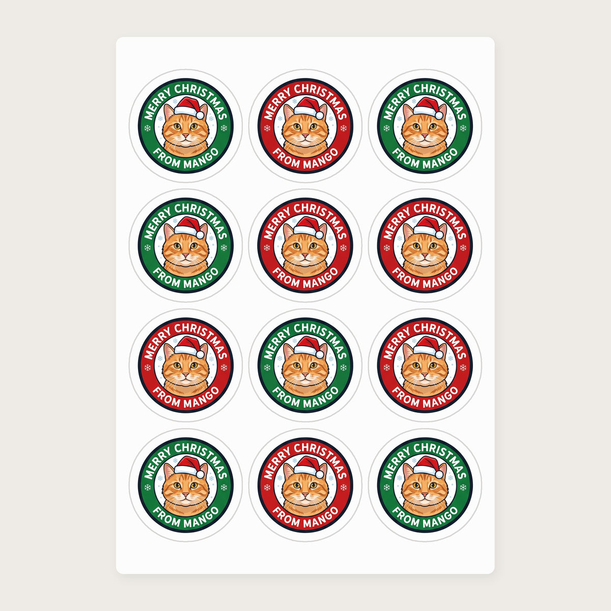 Personalized Christmas Card Seal Stickers, actual sheet layout (sample cat Mango)