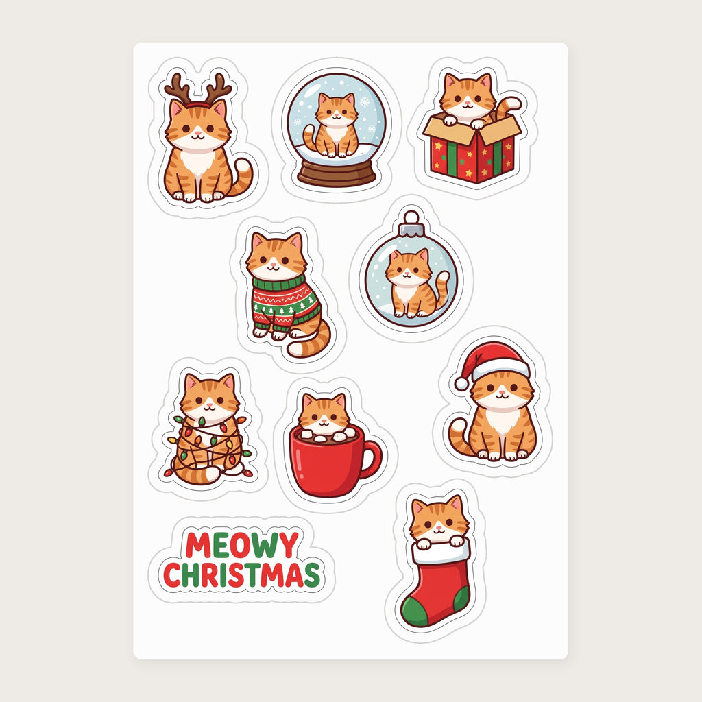 Personalized Christmas Cat Sticker Sheet, actual sheet layout (sample cat Mango)