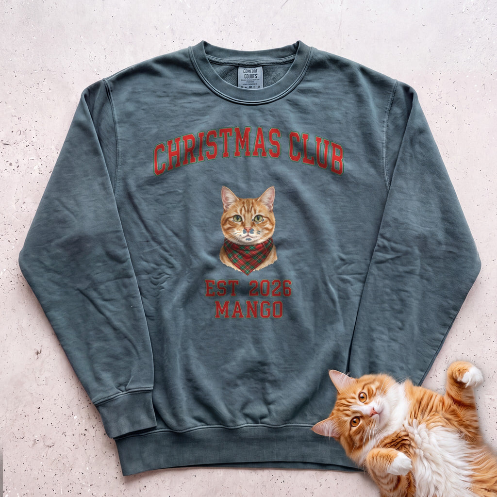Personalized Christmas Club Varsity Cat Sweatshirt - Blue Spruce