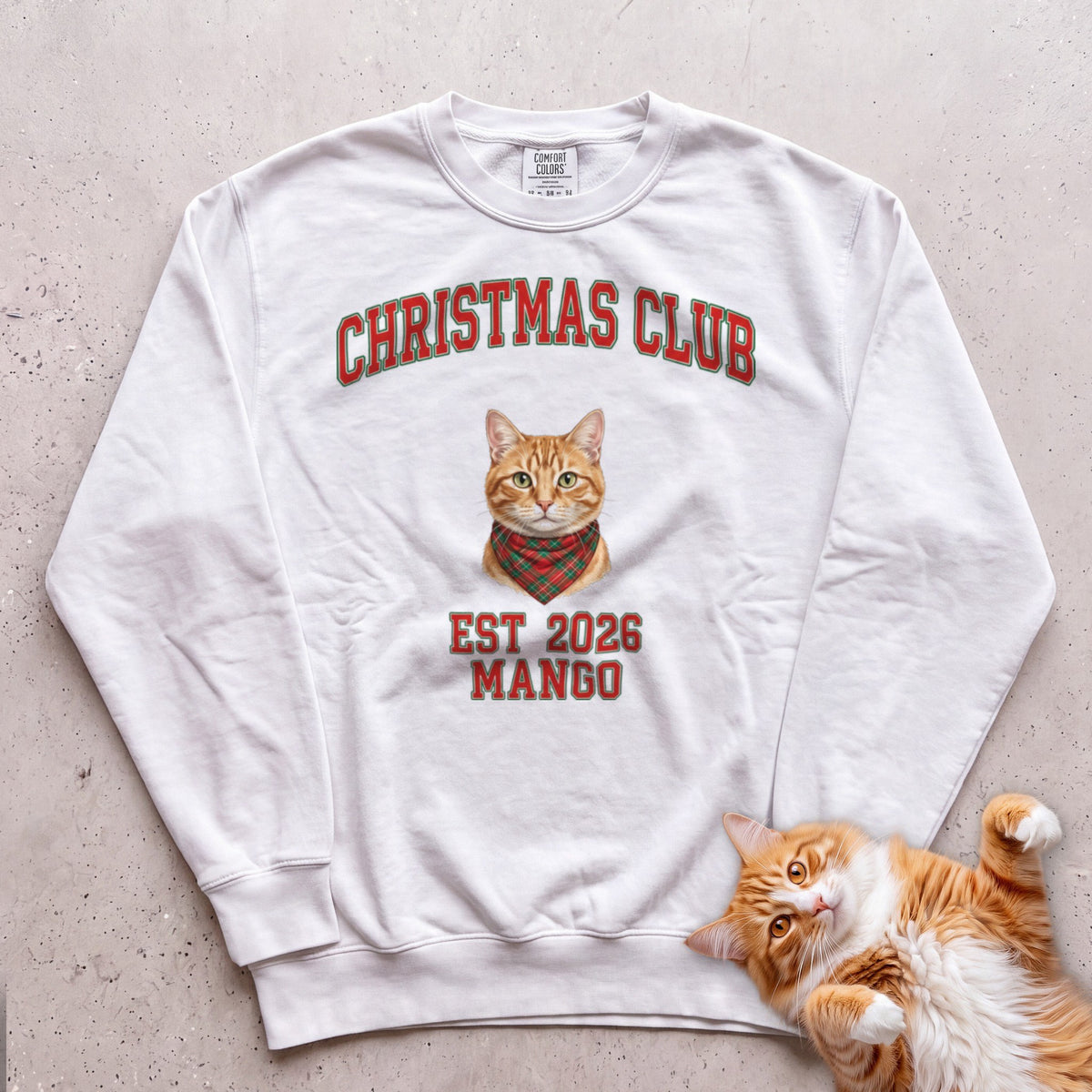 Personalized Christmas Club Varsity Cat Sweatshirt - White