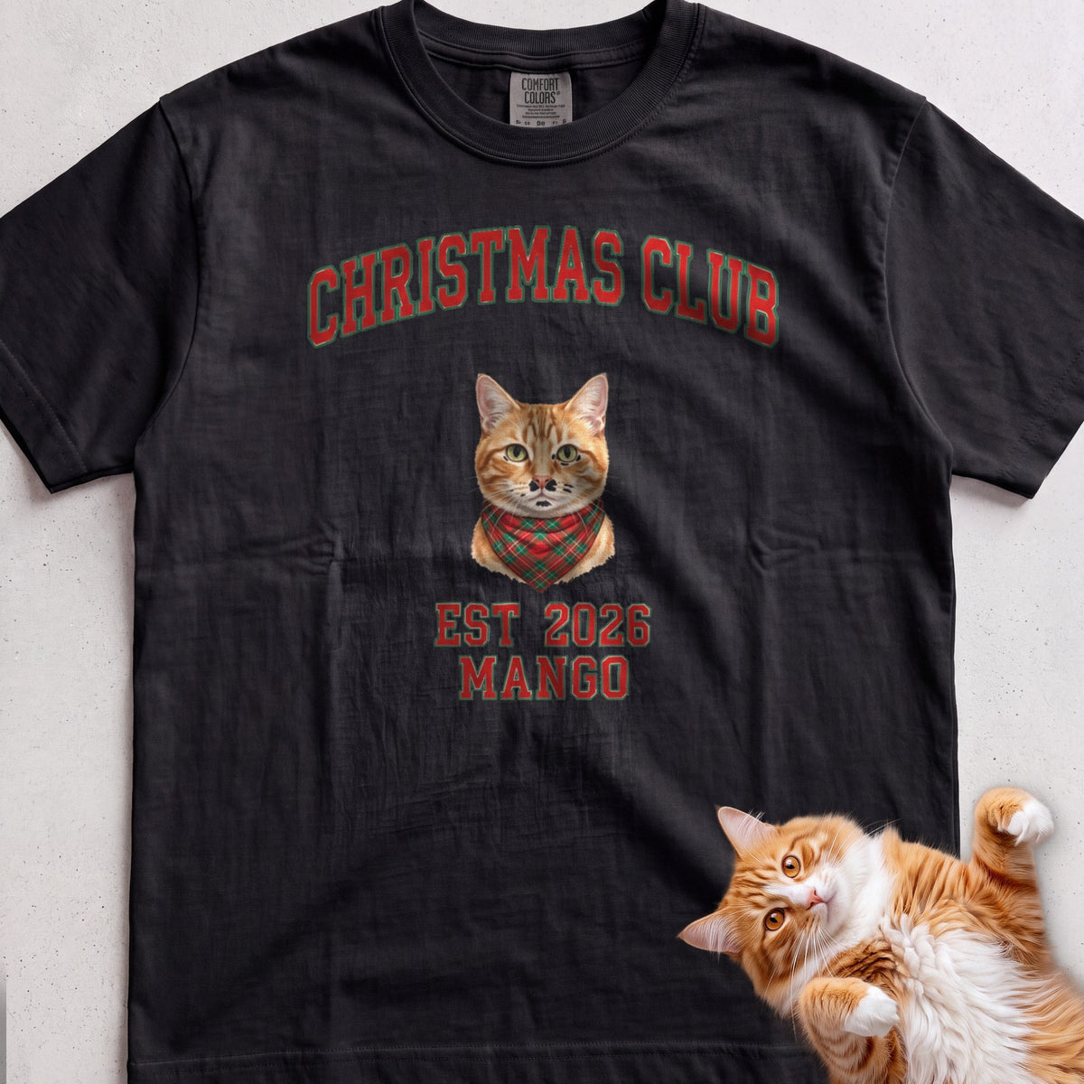 Personalized Christmas Club Varsity Cat T-Shirt - Black