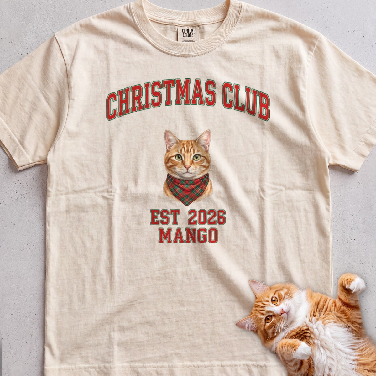 Personalized Christmas Club Varsity Cat T-Shirt - Ivory