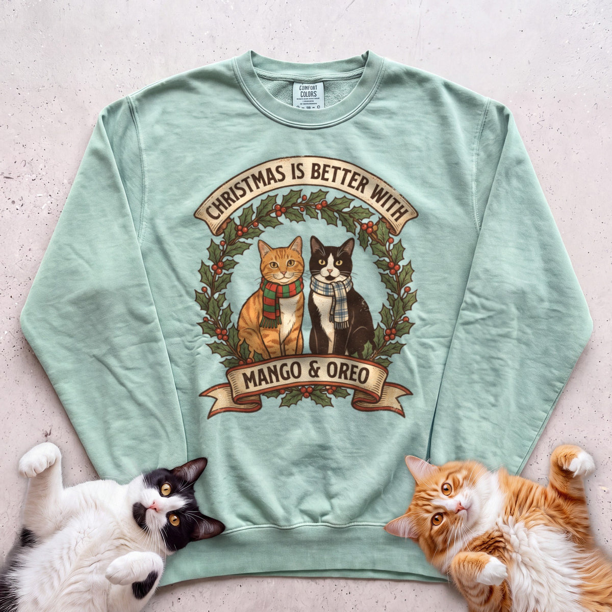 Personalized Christmas Is Better With Cats Sweatshirt - Light Green