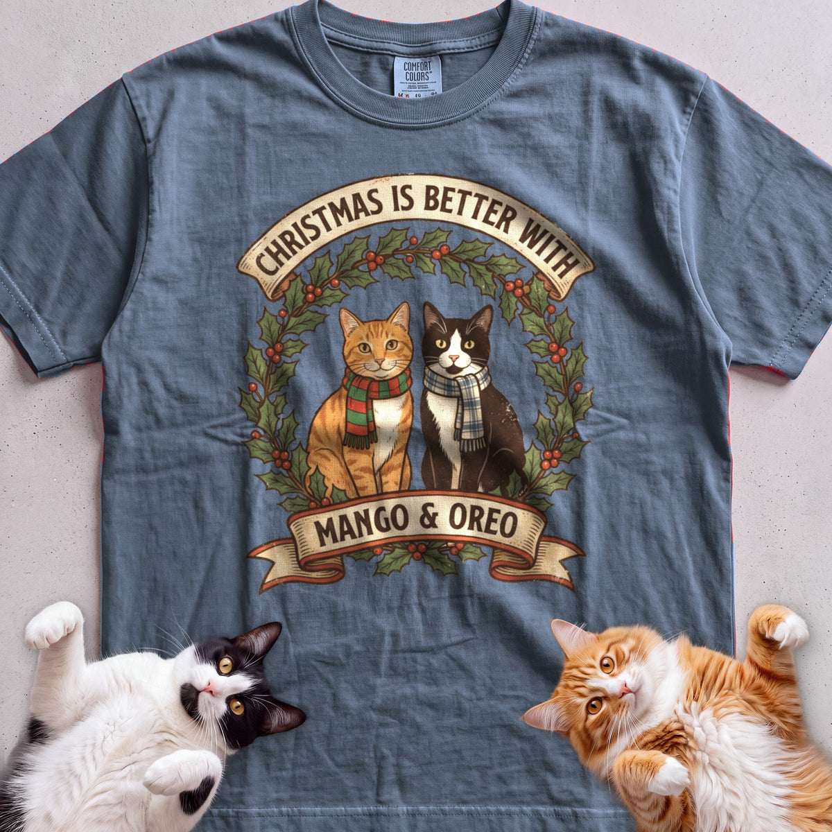 Personalized Christmas Is Better With Cats T-Shirt - Blue Jean