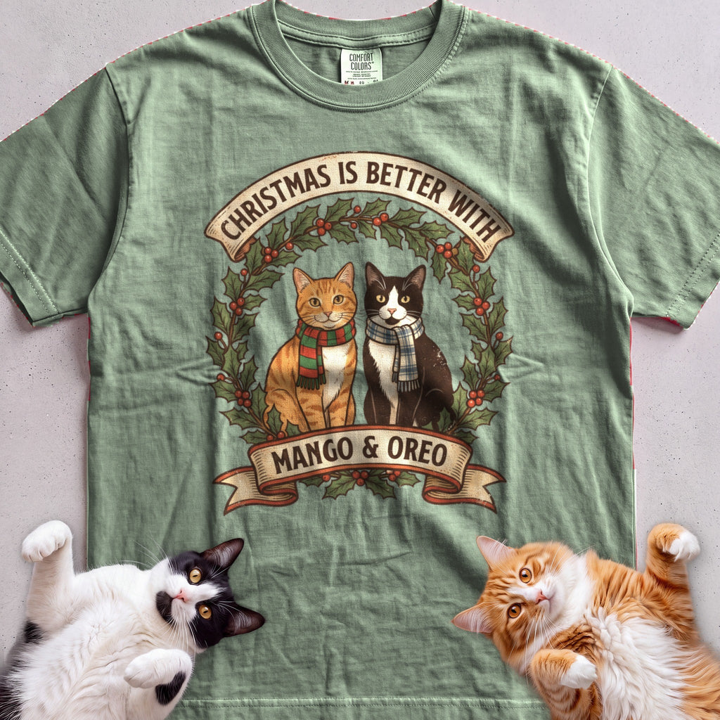 Personalized Christmas Is Better With Cats T-Shirt - Light Green