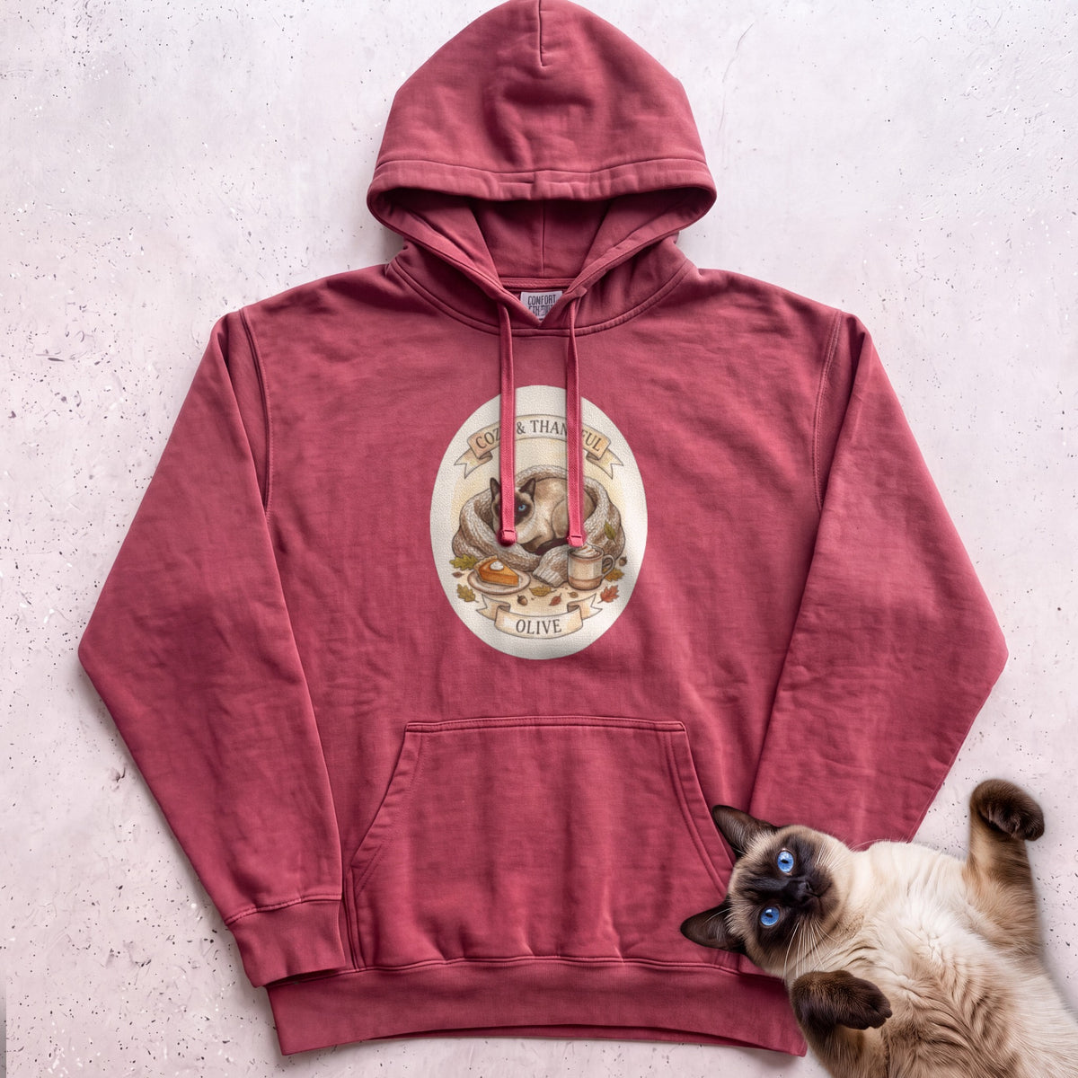 Personalized Cozy & Thankful Cat Hoodie - Crimson
