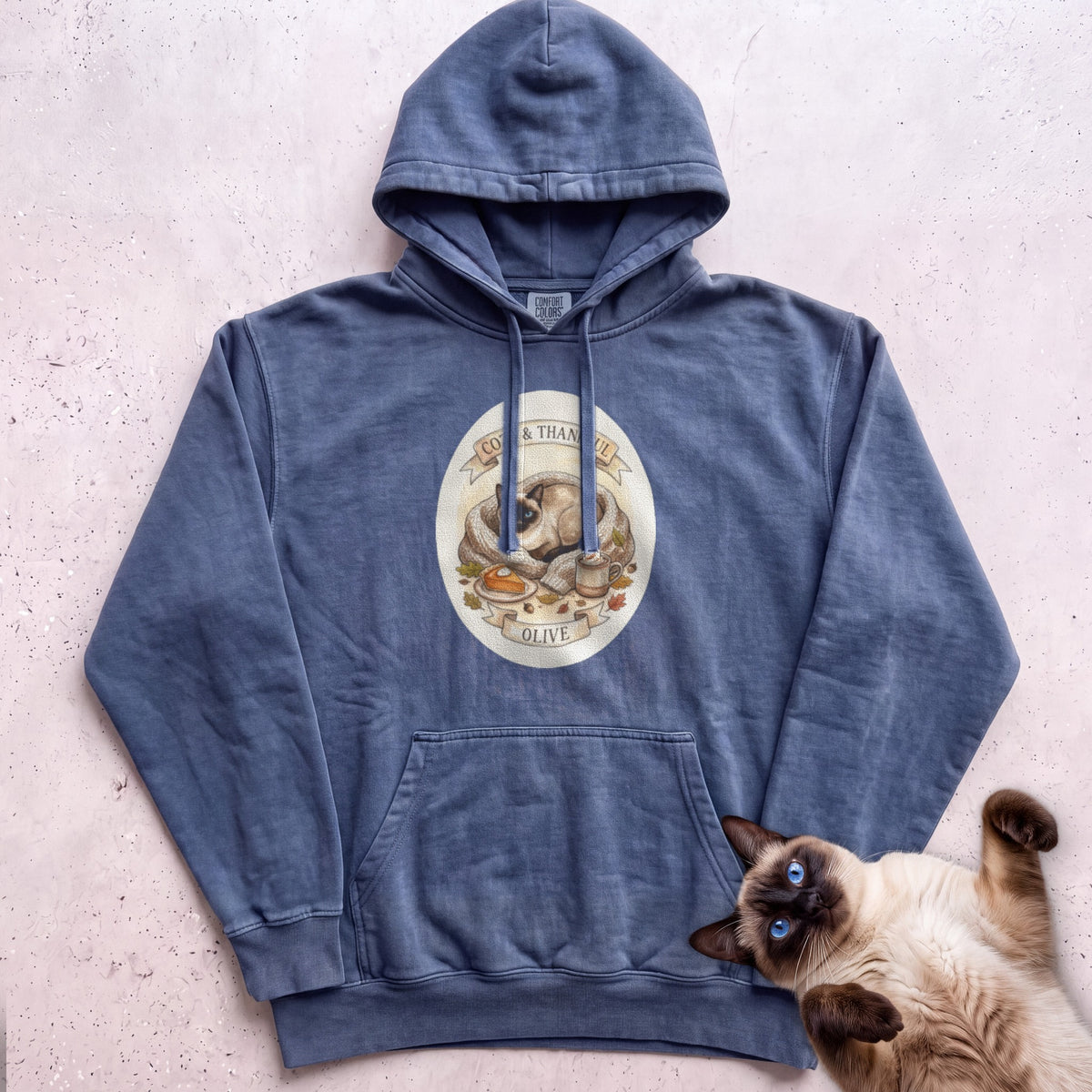 Personalized Cozy & Thankful Cat Hoodie - Denim