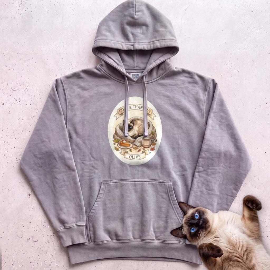 Personalized Cozy & Thankful Cat Hoodie - Grey