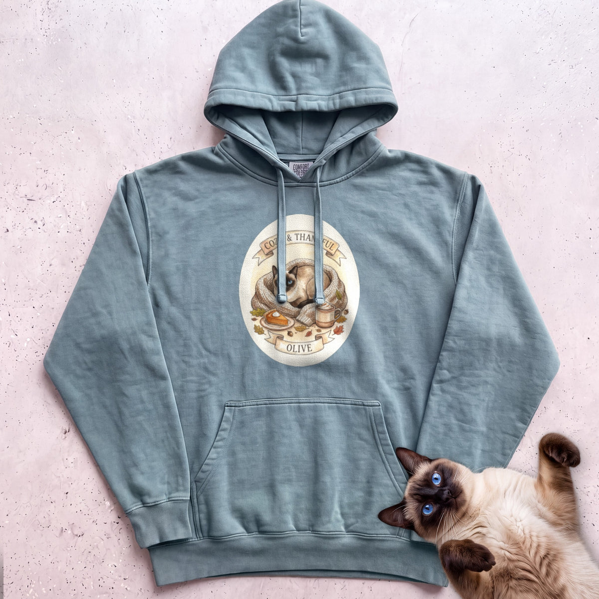 Personalized Cozy & Thankful Cat Hoodie - Seafoam