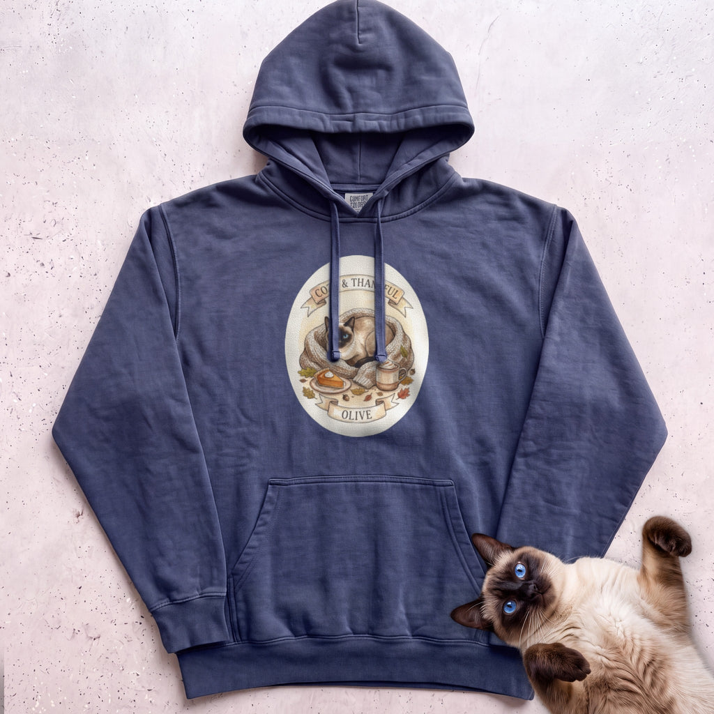 Personalized Cozy & Thankful Cat Hoodie - True Navy