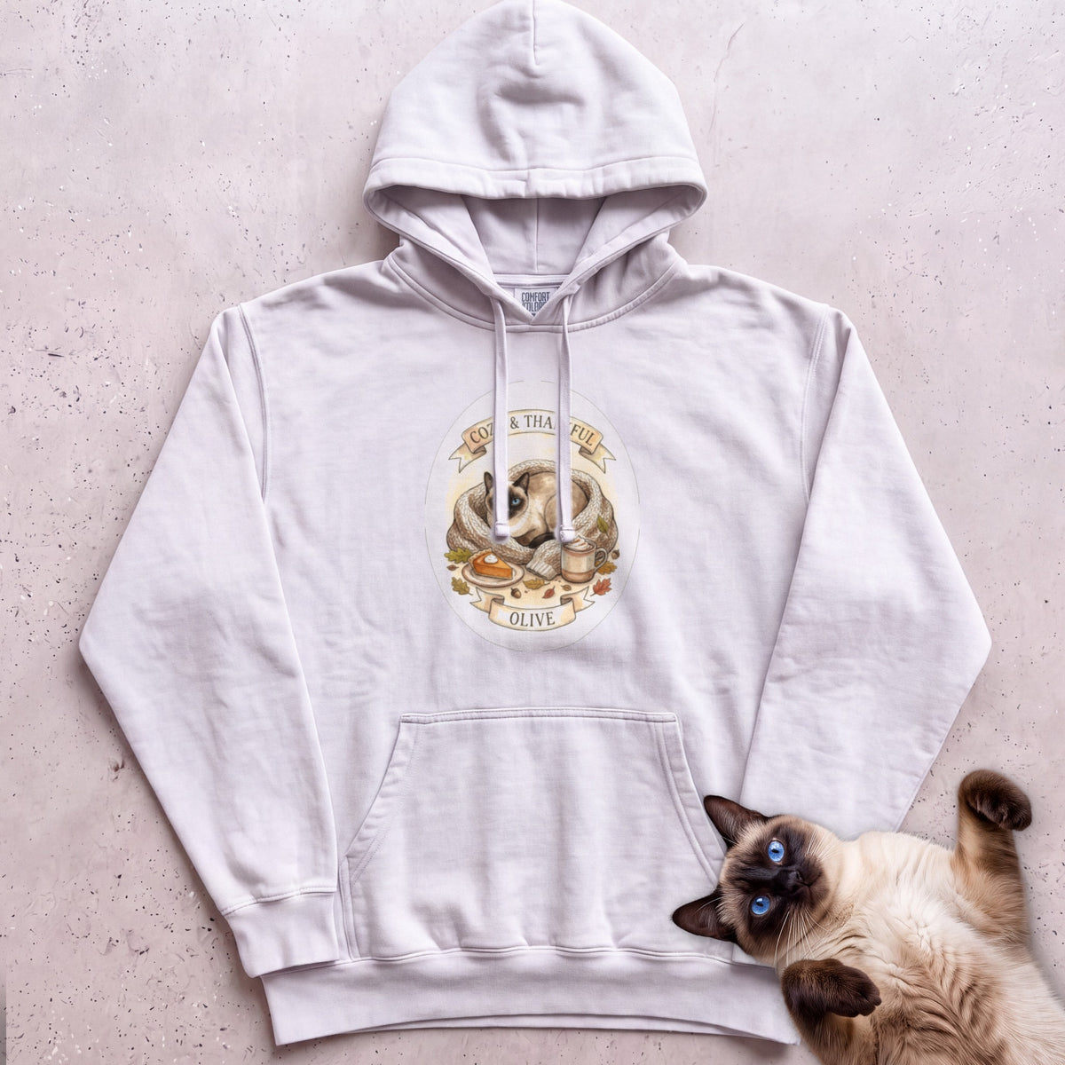 Personalized Cozy & Thankful Cat Hoodie - White