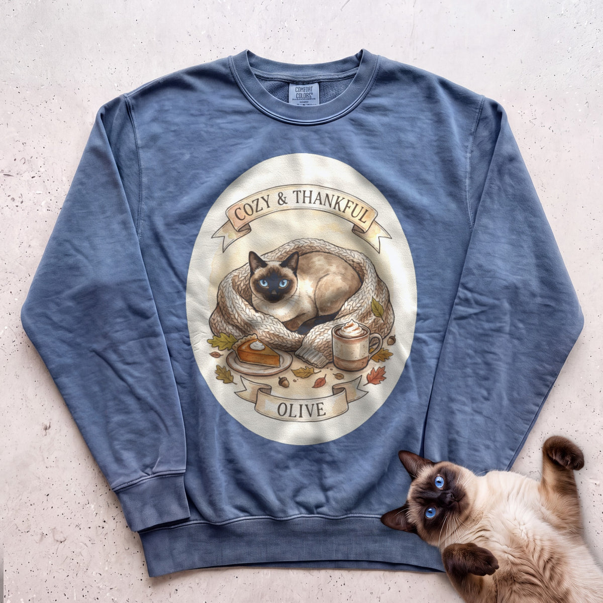 Personalized Cozy & Thankful Cat Sweatshirt - Blue Jean