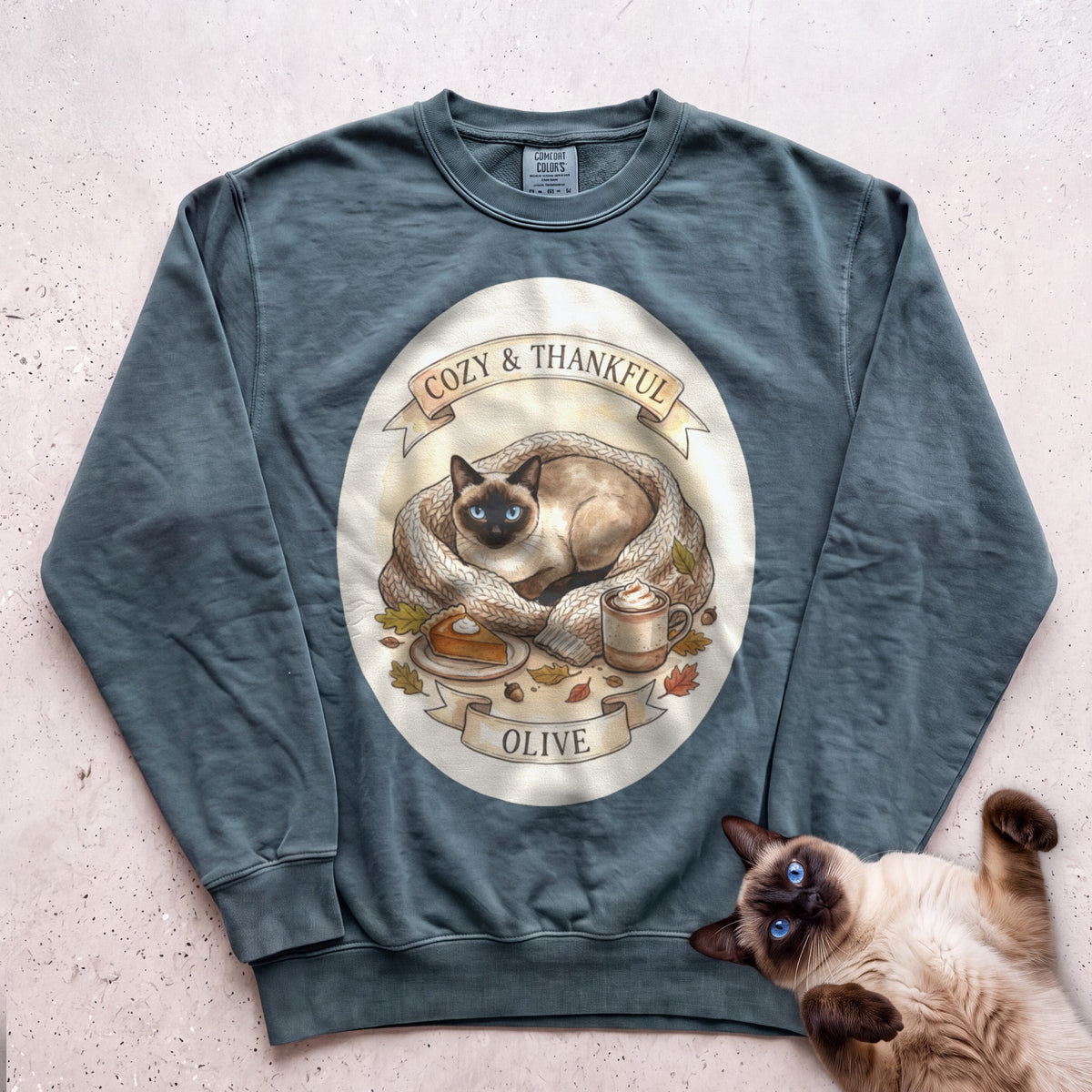 Personalized Cozy & Thankful Cat Sweatshirt - Blue Spruce