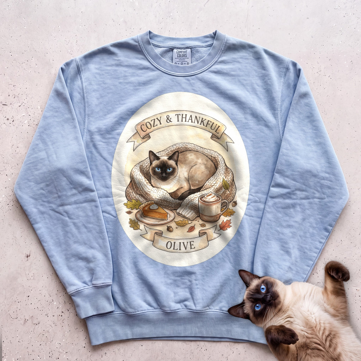 Personalized Cozy & Thankful Cat Sweatshirt - Chambray