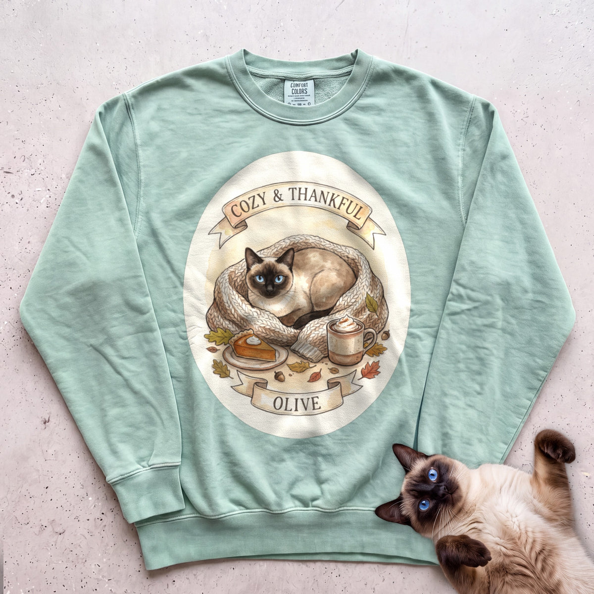 Personalized Cozy & Thankful Cat Sweatshirt - Light Green