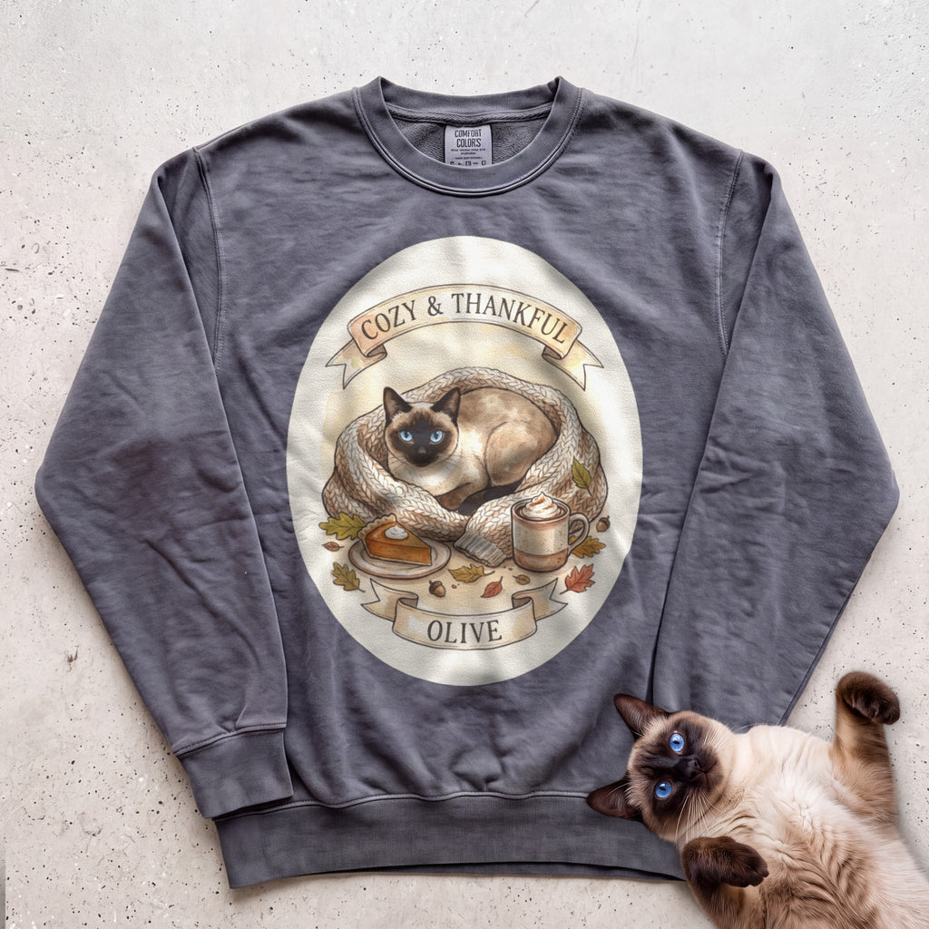 Personalized Cozy & Thankful Cat Sweatshirt - Pepper