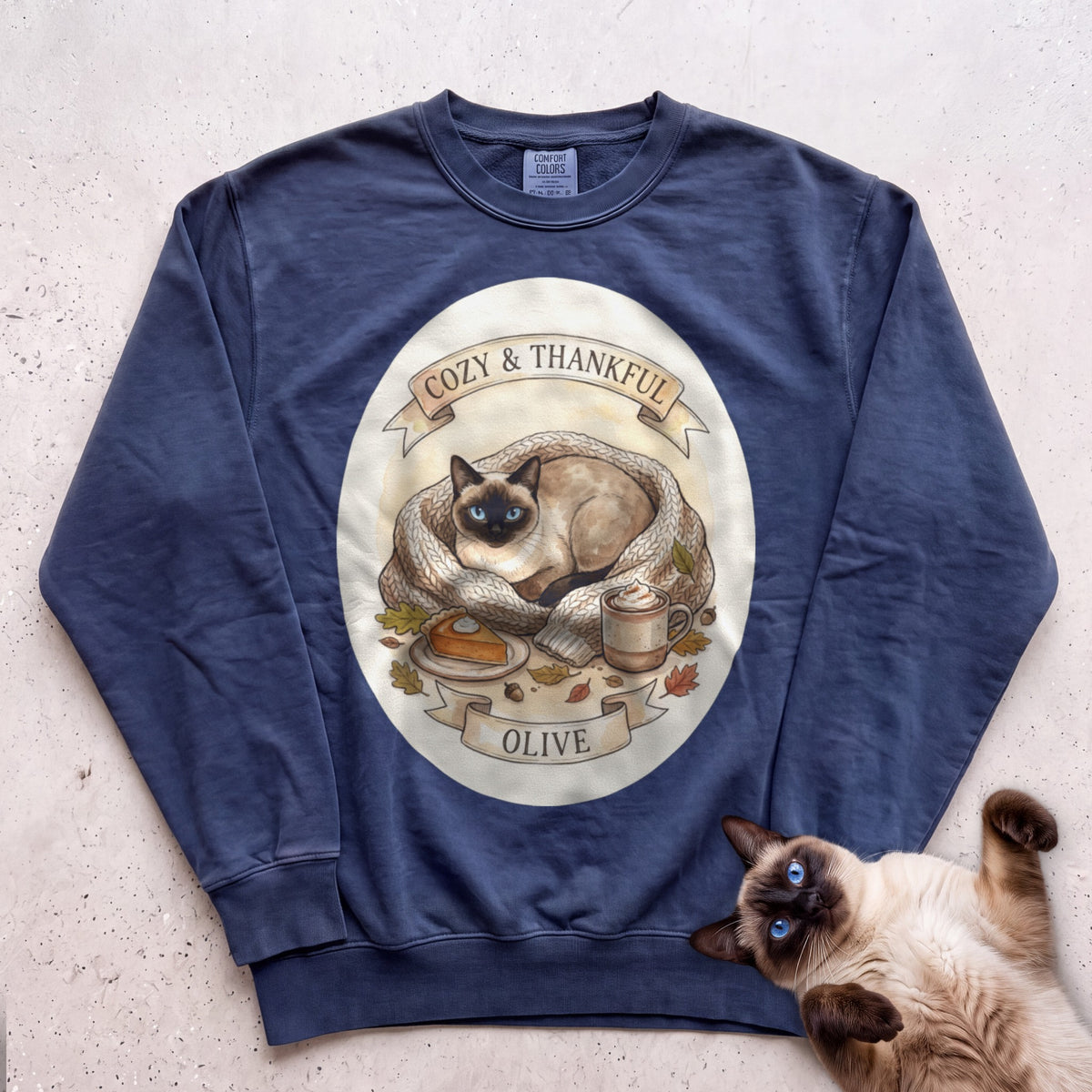 Personalized Cozy & Thankful Cat Sweatshirt - True Navy