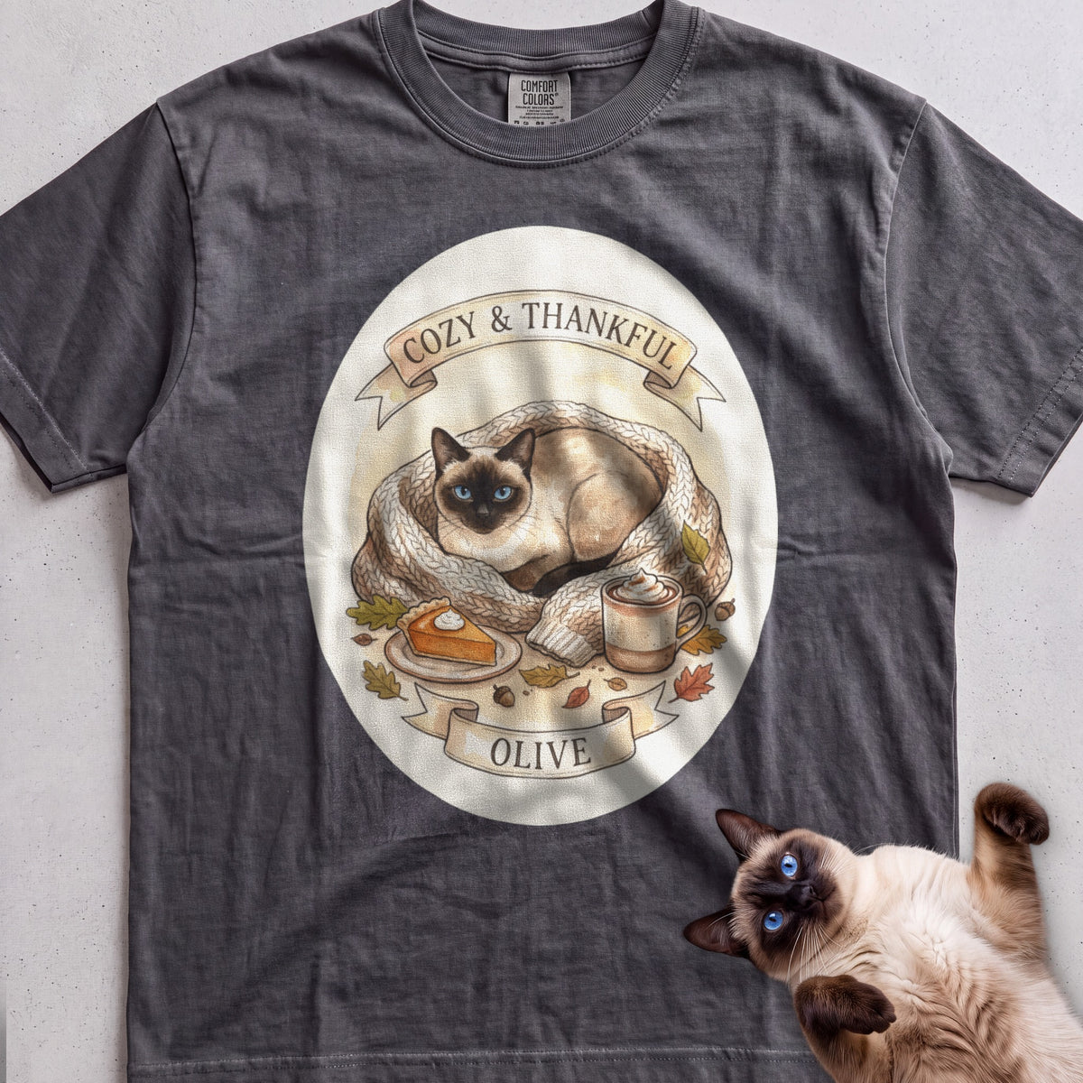 Personalized Cozy & Thankful Cat T-Shirt - Pepper