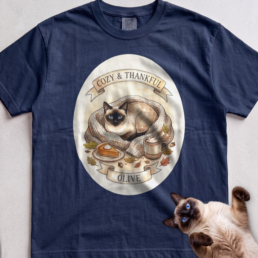 Personalized Cozy & Thankful Cat T-Shirt - True Navy