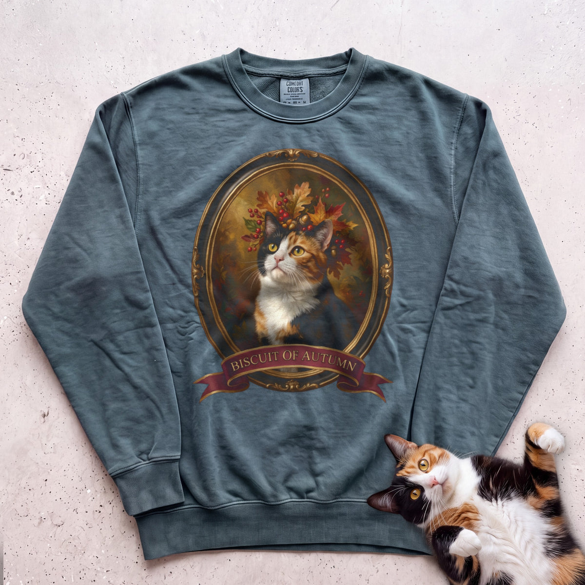 Personalized Crown of Autumn Leaves Cat Sweatshirt - Blue Spruce