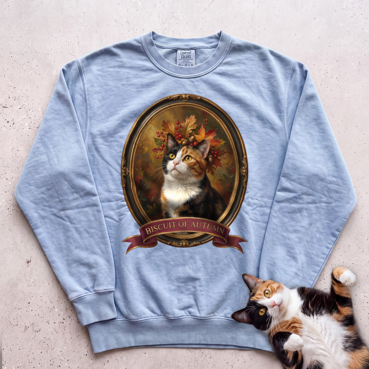 Personalized Crown of Autumn Leaves Cat Sweatshirt - Chambray