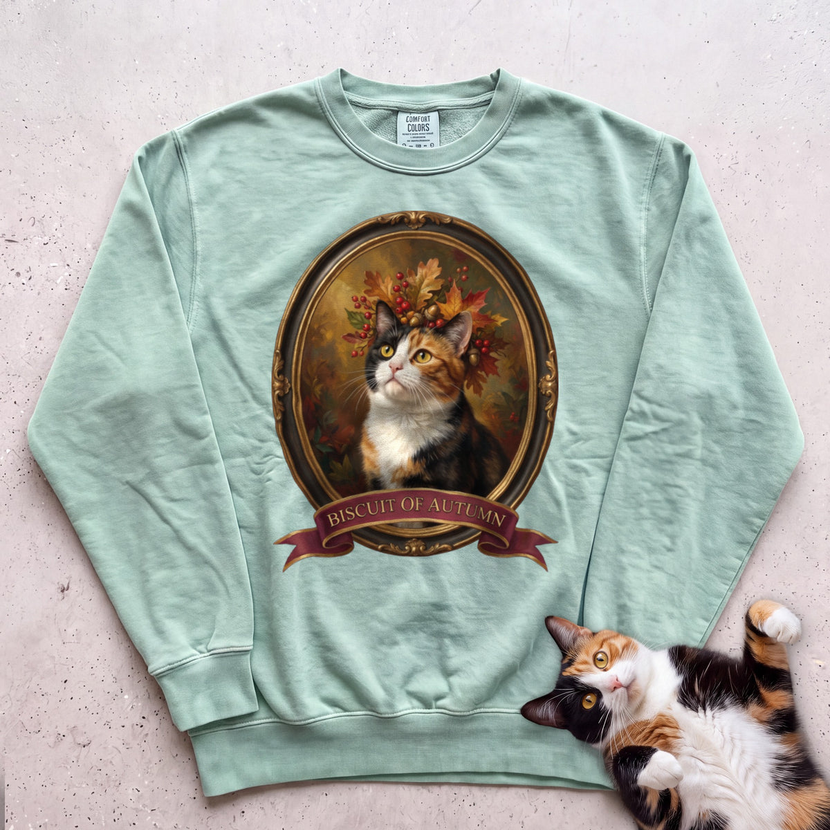 Personalized Crown of Autumn Leaves Cat Sweatshirt - Light Green