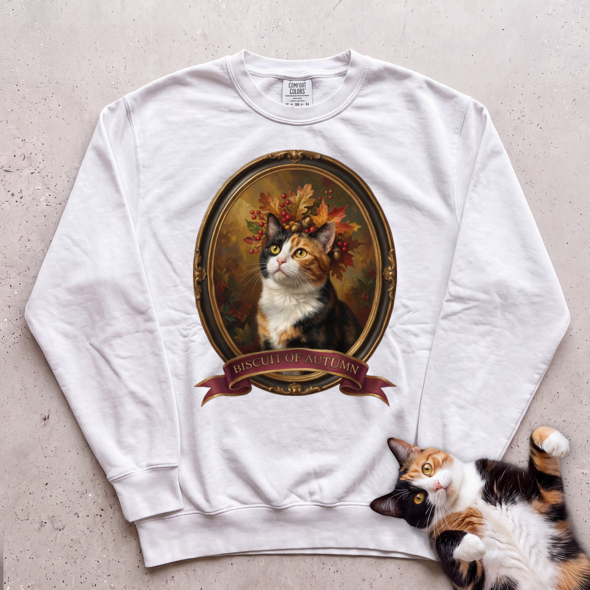 Personalized Crown of Autumn Leaves Cat Sweatshirt - White