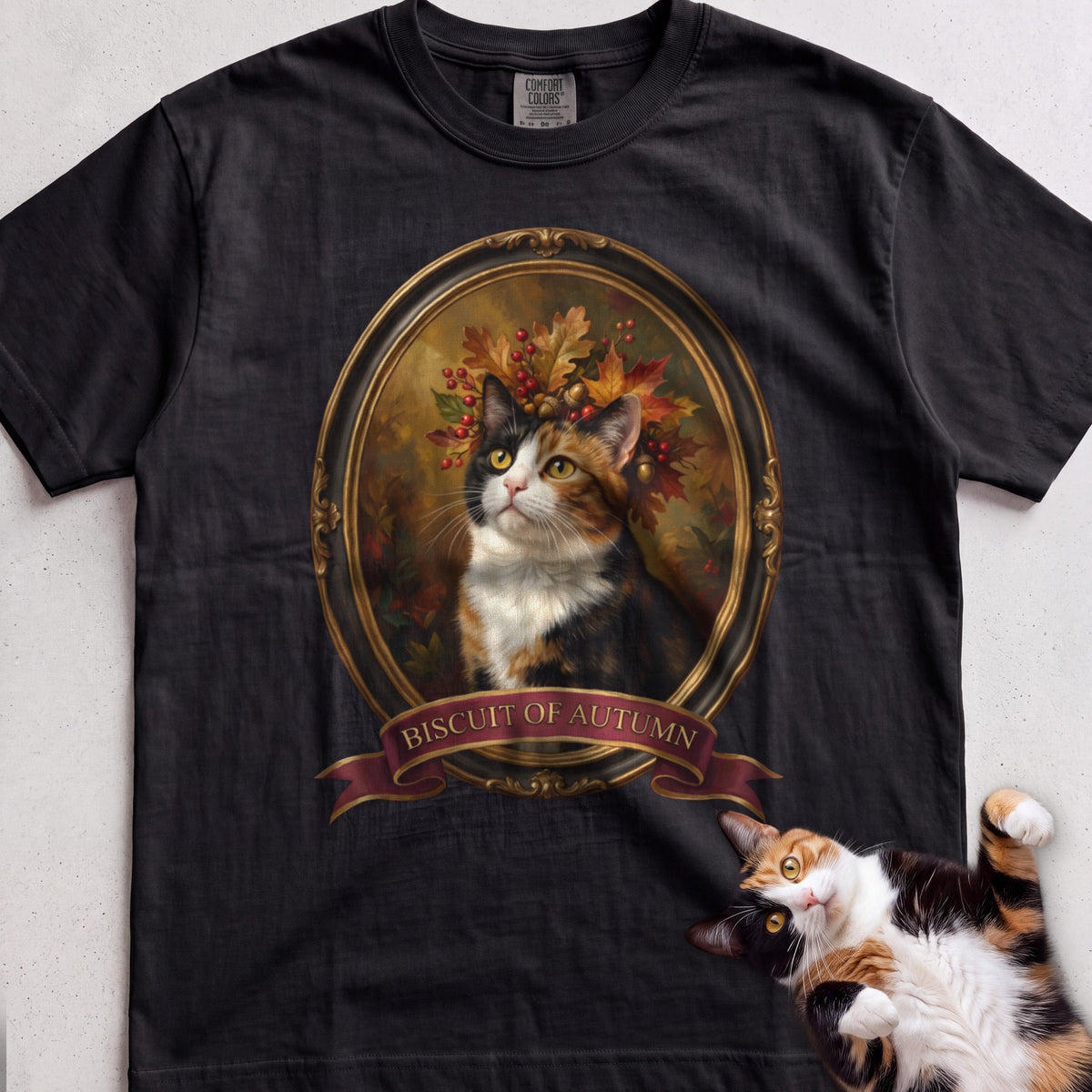 Personalized Crown of Autumn Leaves Cat T-Shirt - Black