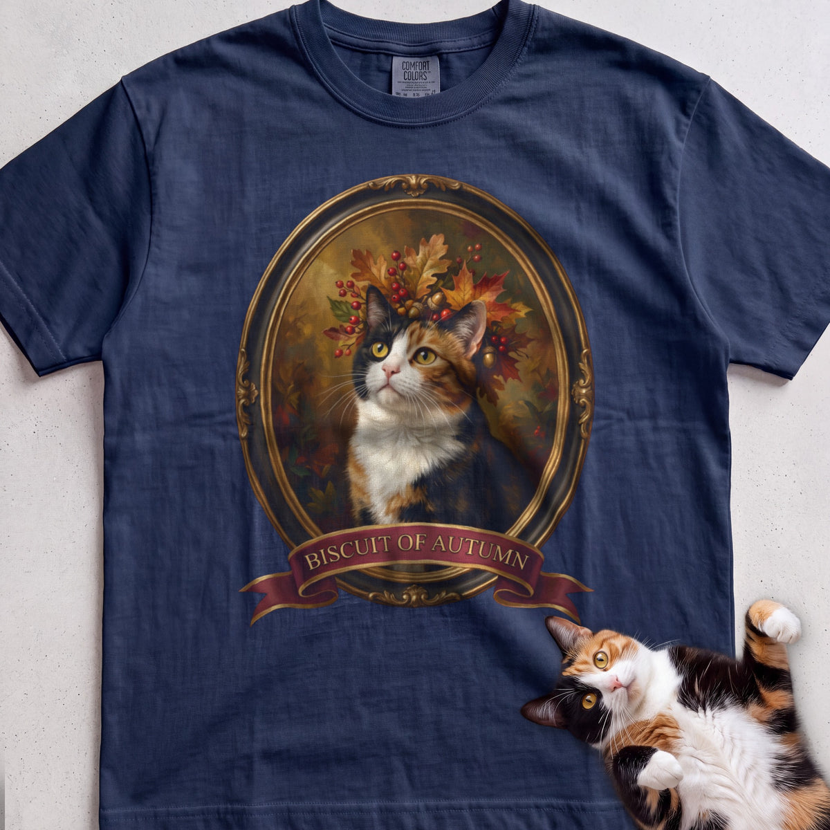 Personalized Crown of Autumn Leaves Cat T-Shirt - True Navy