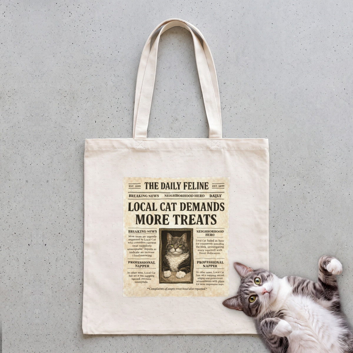 Personalized Custom Cat Newspaper Tote Bag - Natural