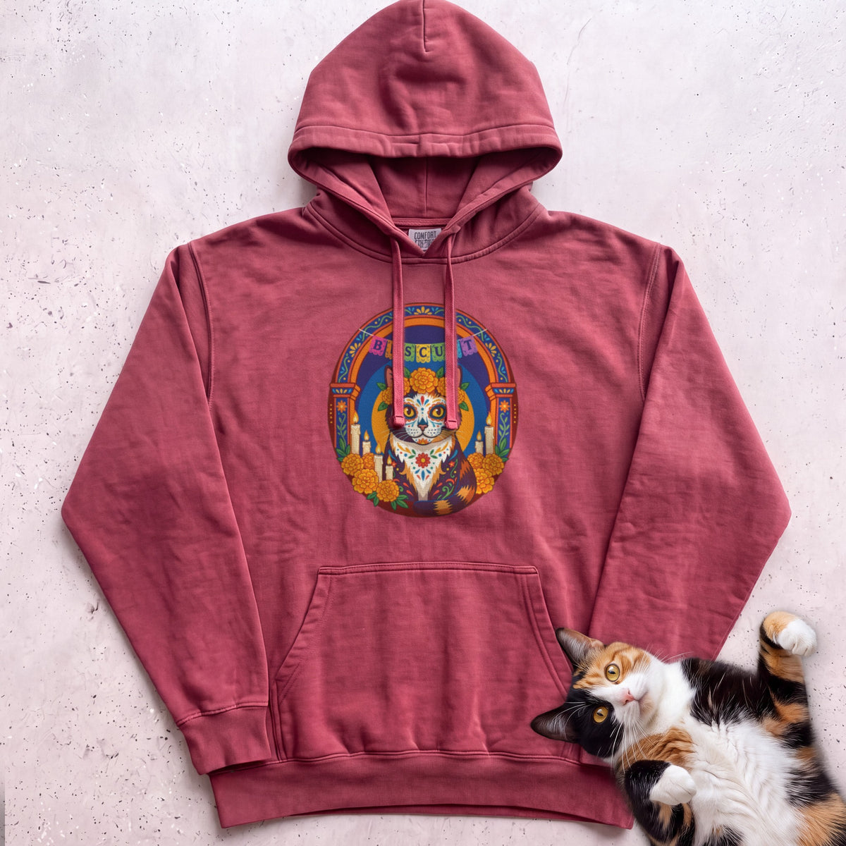 Personalized Día de Muertos Cat Hoodie - Crimson