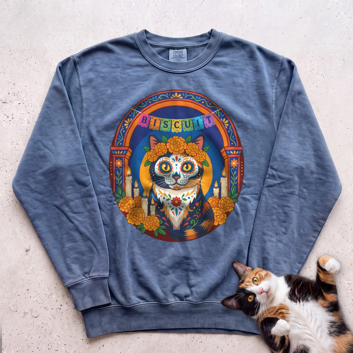 Personalized Día de Muertos Cat Sweatshirt - Blue Jean