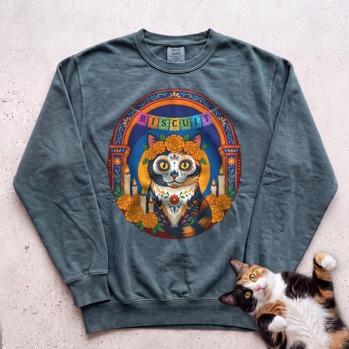 Personalized Día de Muertos Cat Sweatshirt - Blue Spruce