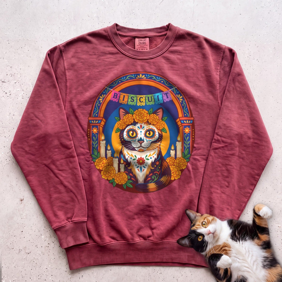 Personalized Día de Muertos Cat Sweatshirt - Crimson