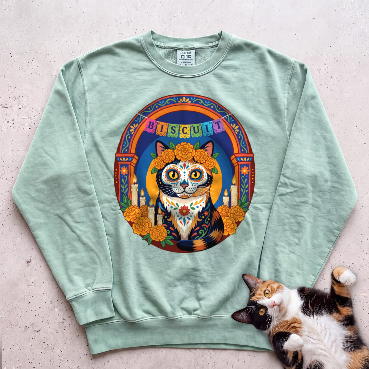 Personalized Día de Muertos Cat Sweatshirt - Light Green