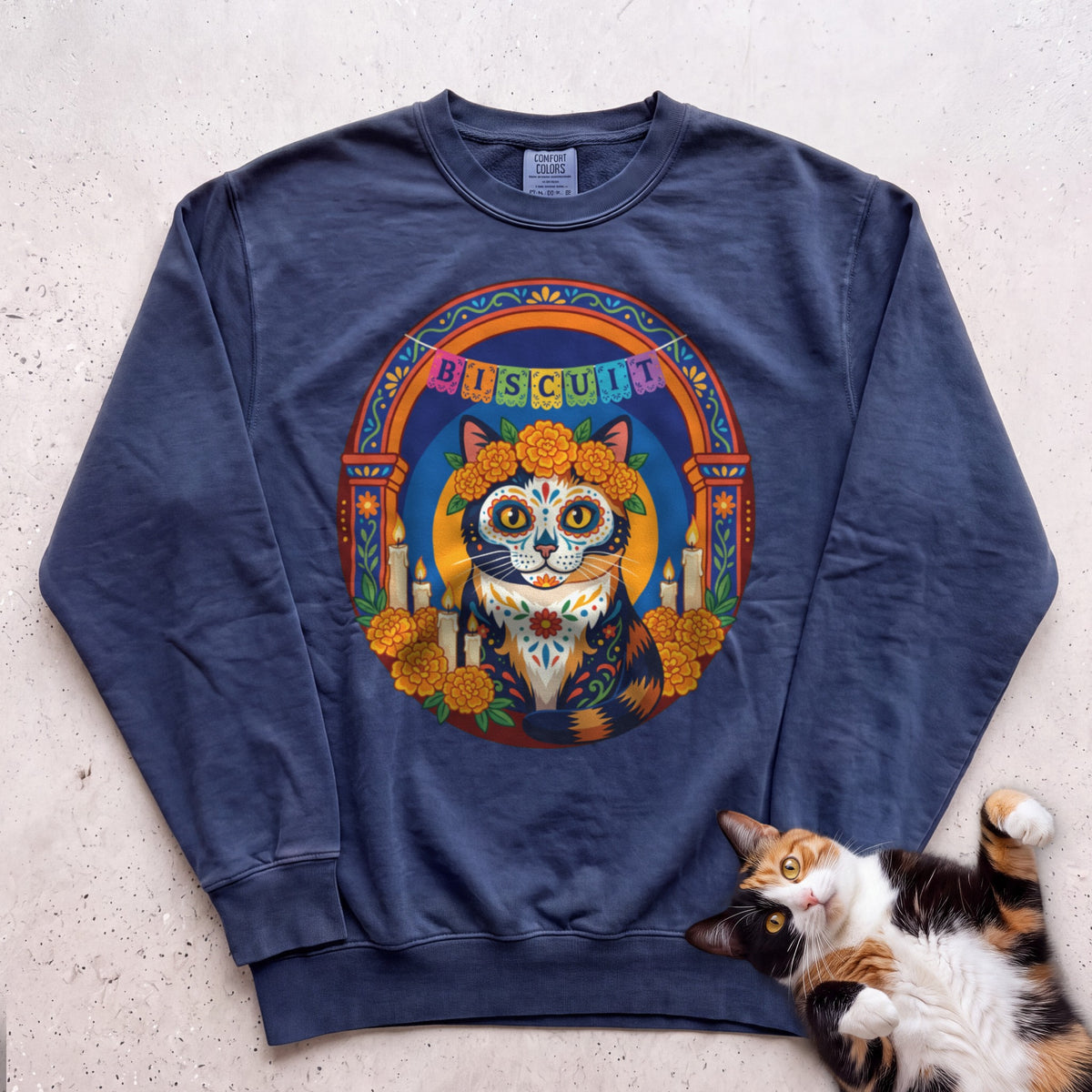 Personalized Día de Muertos Cat Sweatshirt - True Navy
