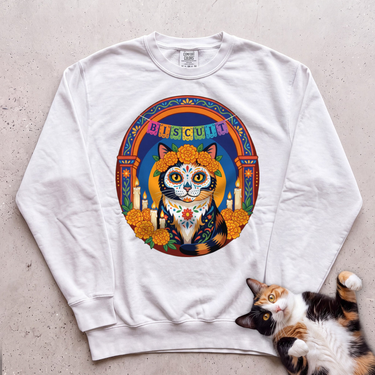 Personalized Día de Muertos Cat Sweatshirt - White