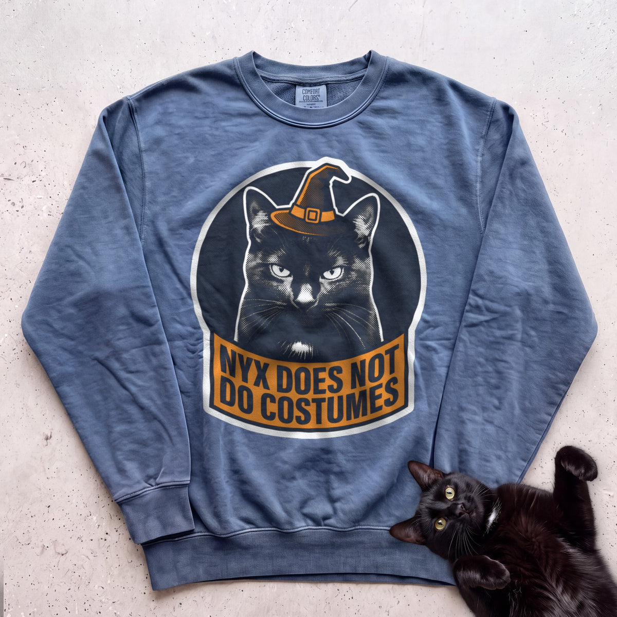 Personalized Does Not Do Costumes Cat Sweatshirt - Blue Jean