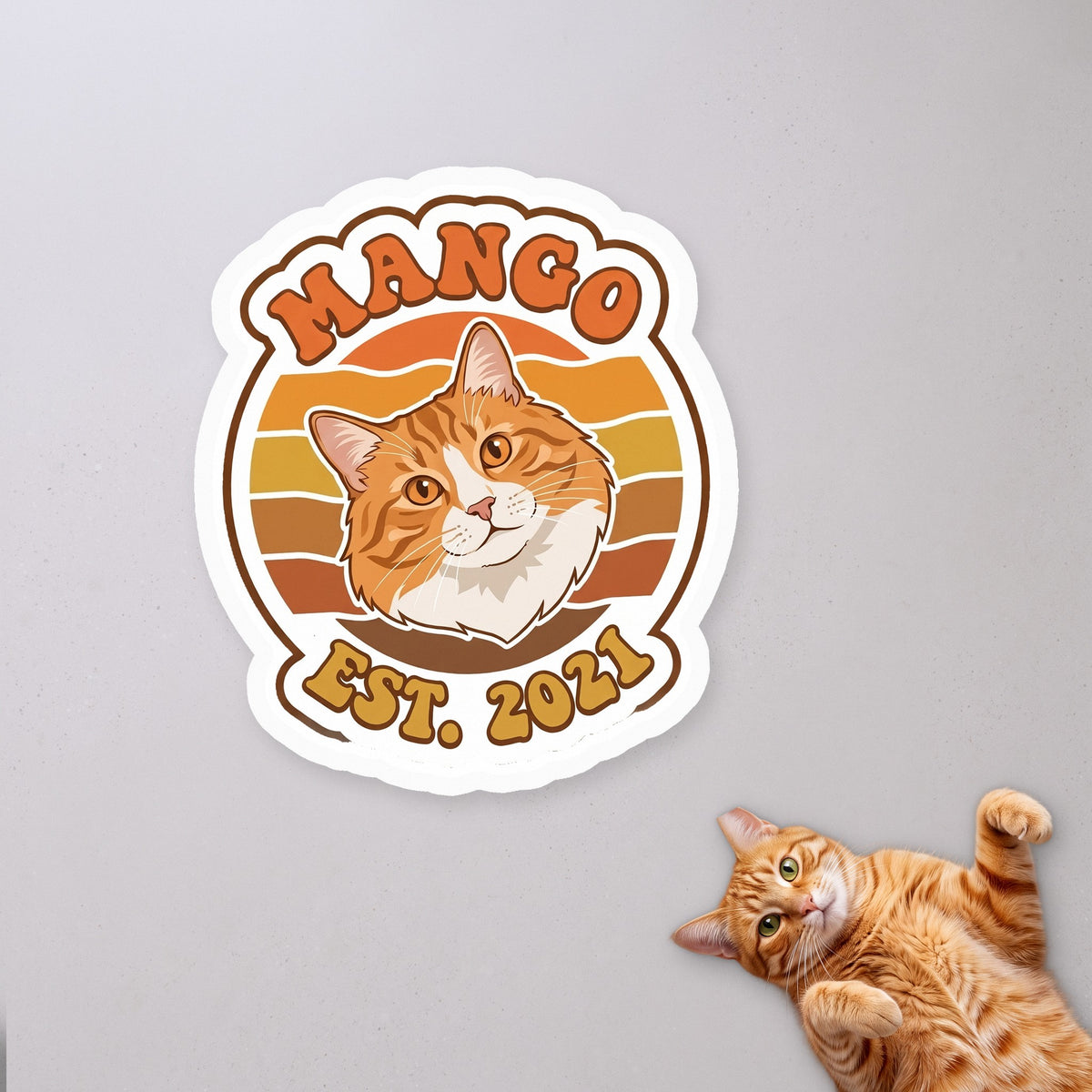 Personalized Est. Year Cat Badge Sticker with a cat on a concrete floor (sample cat Mango)