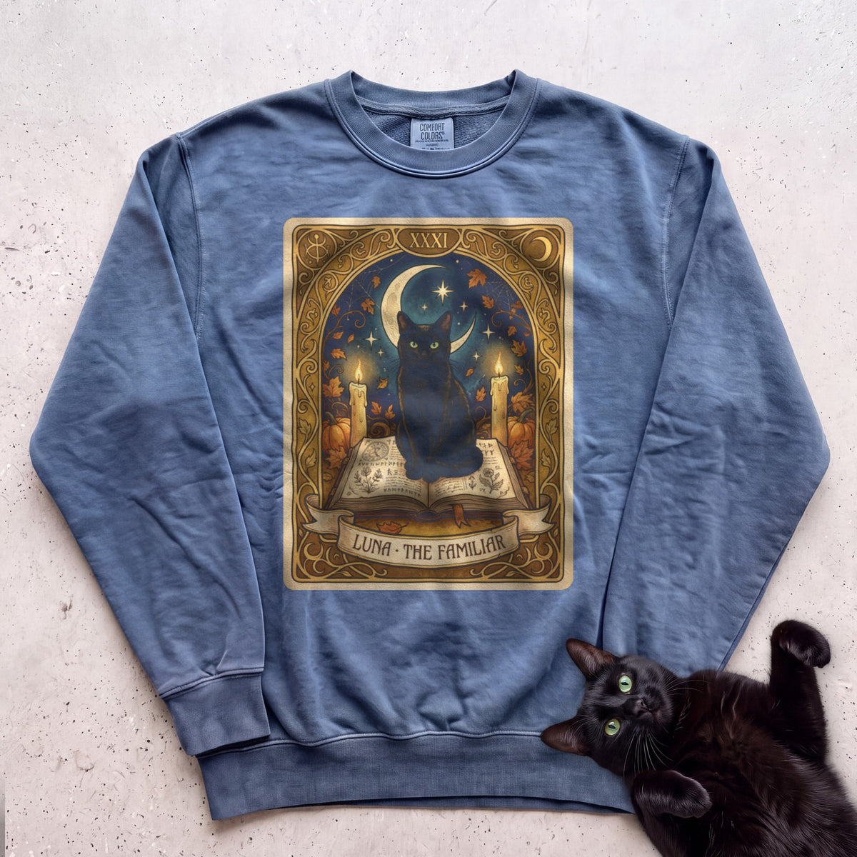 Personalized Familiar Tarot Cat Sweatshirt - Blue Jean